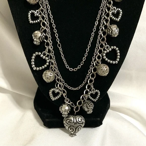 SilverTone Acrylic Heart Charms Necklace - Picture 4 of 5